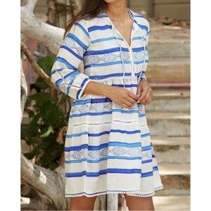 ASPIGA Sophia Cotton Kaftan Dress Blue Multi 3/4 Sleeve V Neck Tassel Tie NWT XS